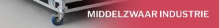 Blauw industriële zwenkwiel onder aluminium transportframe met tekst ‘MIDDELZWAAR INDUSTRIE’ op rode achtergrond