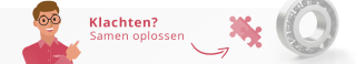 Man met bril wijst naar tekst 'Klachten? Samen oplossen' met puzzelstukjesicoon en een lager