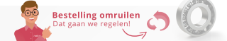 Man met bril wijst naar tekst 'Bestelling omruilen, dat gaan we regelen!' met draai-icoon en een lager