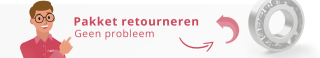 Man met bril wijst naar tekst 'Pakket retourneren, geen probleem' met terugpijl-icoon en een lager