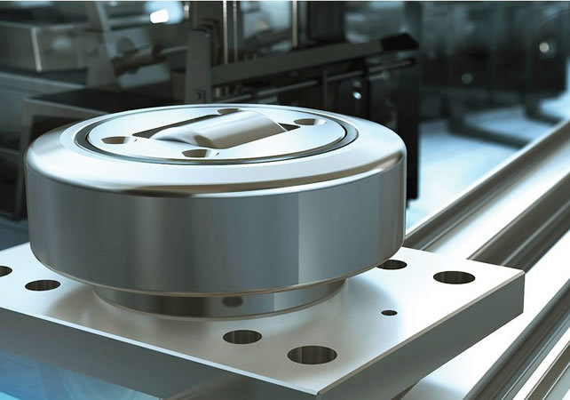 Glanzend roestvrijstalen combinatielager gemonteerd op metalen plaat met boutgaten