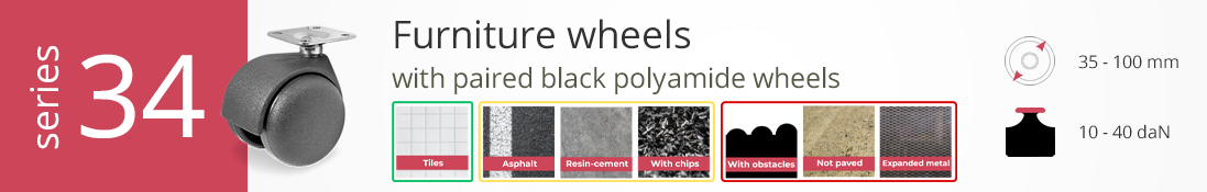 Furniture wheels with paired black polyamide wheels, suitable for tiles, asphalt, resin-cement, and chip surfaces.