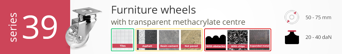 Furniture wheels with transparent methacrylate centre, suitable for tiles, asphalt, resin-cement, and unpaved surfacesn-cement, and unpaved surfaces
