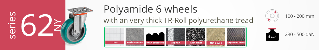 Polyamide 6 wheel with very thick TR-Roll polyurethane tread, 100–200 mm diameter, 230–500 daN capacity — suited for uneven and rough industrial surfaces.