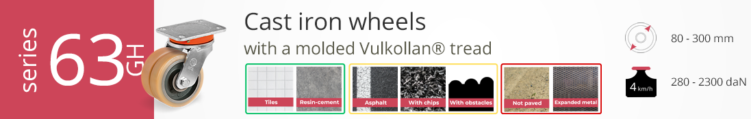 Cast iron wheel with molded Vulkollan® tread, 80–300 mm diameter, 280–2300 daN load capacity — ideal for indoor use and uneven industrial floors.