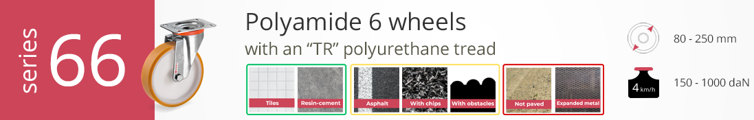 Polyamide 6 wheel with “TR” polyurethane tread, 80–250 mm diameter, 150–1000 daN load capacity, ideal for smooth and moderately rough surfaces