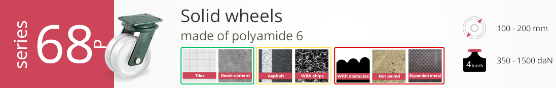 Solid polyamide 6 wheel, 100–200 mm diameter, 350–1500 daN load capacity, suitable for tiles, resin-cement, asphalt, and chips.