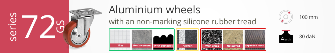 Aluminium wheel with non-marking silicone rubber tread, Series 72GS, size 100 mm, load 80 daN