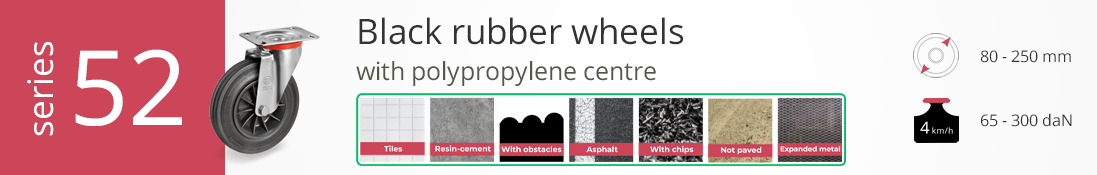 Black rubber wheels with polypropylene centre, series 52, durable and versatile, 65–300 daN, 80–250 mm.