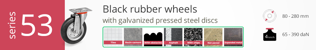 Black rubber wheels with steel discs, series 53, heavy-duty use, 65–390 daN, 80–280 mm.