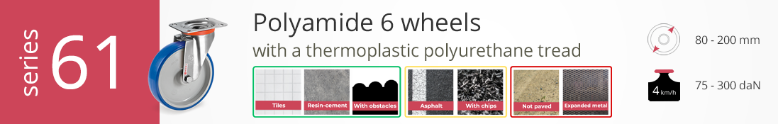Blue-treaded polyamide 6 wheels for smooth surfaces and light obstacles, Series 61
