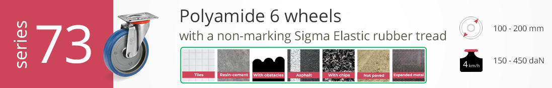 Elastic rubber tread wheels with blue core for all surfaces, Series 73