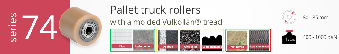 Pallet truck roller with molded Vulkollan® tread, suitable for 80–85 mm diameter, loads up to 1000 daN, for tiles, resin-cement, and asphalt.