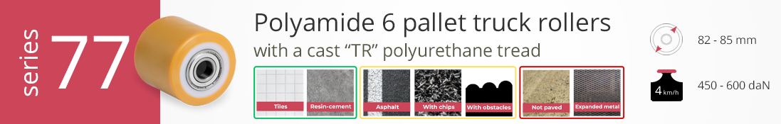Polyamide 6 pallet truck roller with cast “TR” polyurethane tread, 82–85 mm diameter, load capacity 450–600 daN, suitable for smooth and rough surfaces.