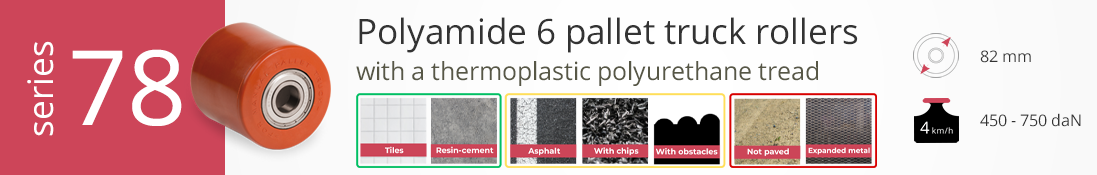 Polyamide 6 pallet truck roller with thermoplastic polyurethane tread, 82 mm diameter, 450–750 daN load capacity, for smooth to moderately rough floors.
