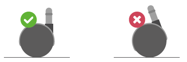 Illustratie juiste en foute montage van meubelwielen: recht gemonteerd met groen vinkje, schuin gemonteerd met rood kruis
