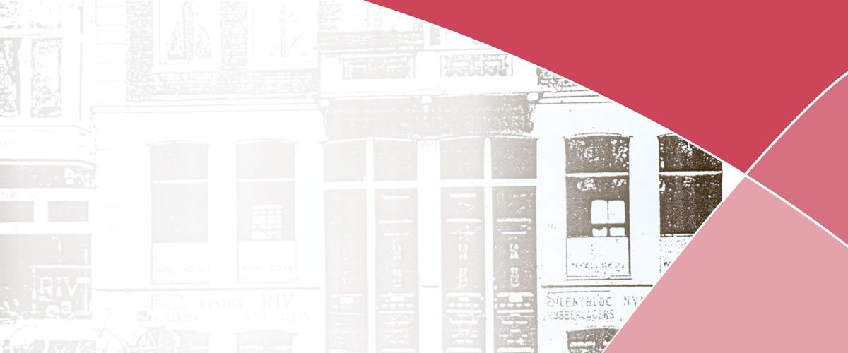 Vervaagde gevelillustratie met rood grafisch element in de hoek