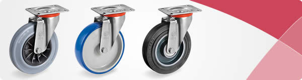 Drie zware zwenkwielen met grijs, blauw en zwart loopvlak en montageplaat