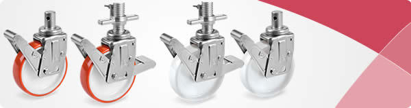 Vier steigerwielen met metalen rembeugel en schroefdraad, met witte en oranje wielen