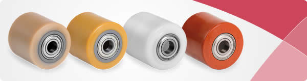 Vier massieve loopwielen met lager in verschillende kleuren: beige, geel, wit en oranje