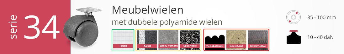 Serie 34 meubelwielen met dubbele polyamide wielen, geschikt voor o.a. tegels en epoxy-cement, wielmaat 35–100 mm