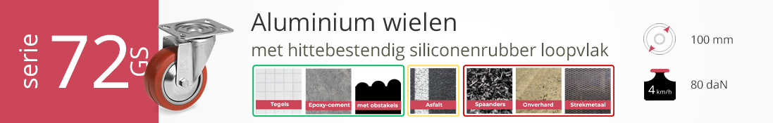Serie 72GS aluminium wielen met hittebestendig siliconenrubber, diameter 100 mm, draagvermogen tot 80 daN