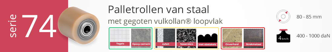 Serie 74 palletrollen van staal met gegoten Vulkollan®, diameter 80–85 mm, draagvermogen 400–1000 daN