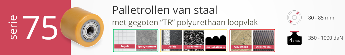 Serie 75 palletrollen van staal met gegoten TR polyurethaan, diameter 80–85 mm, draagvermogen 350–1000 daN