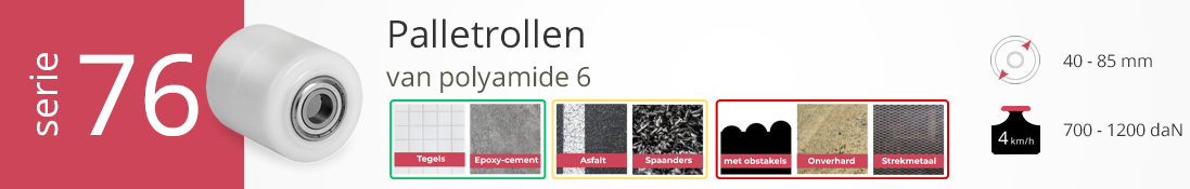 Serie 76 palletrollen van polyamide 6, diameter 40–85 mm, draagvermogen 700–1200 daN
