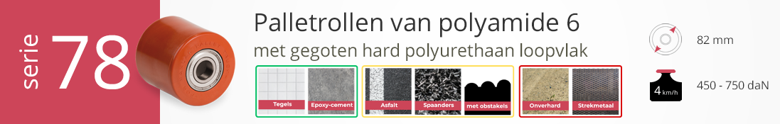 Serie 78 palletrollen van polyamide 6 met hard polyurethaan, diameter 82 mm, draagvermogen 450–750 daN