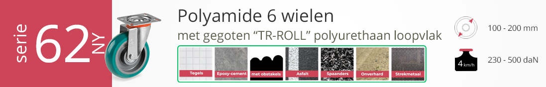 Serie 62NY polyamide 6 wielen met gegoten TR-ROLL polyurethaan loopvlak, geschikt voor intensief gebruik, wielmaat 100–200 mm, tot 500 daN
