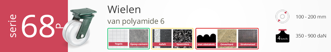 Serie 68P wielen van polyamide 6 met groene vork, geschikt voor gladde en industriële vloeren, wielmaat 100–200 mm, tot 900 daN