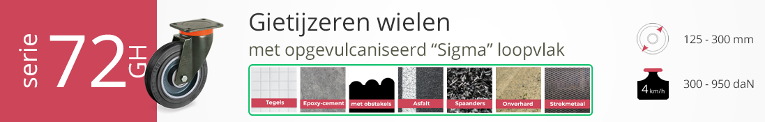 Serie 72GH gietijzeren wielen met Sigma loopvlak, geschikt voor ruwe vloeren en zware belasting, 125–300 mm, tot 950 daN