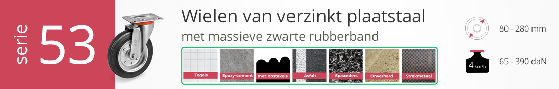 Wiel serie 53 van verzinkt plaatstaal met zwarte rubberband, geschikt voor alle ondergronden en lichte obstakels.