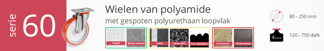 Serie 60 polyamide wielen met gespoten polyurethaan loopvlak, geschikt voor zware belasting en diverse ondergronden, wielmaat 80–250 mm, tot 750 daN