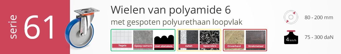 Serie 61 polyamide 6 wielen met gespoten polyurethaan loopvlak, geschikt voor diverse vloertypes, wielmaat 80–200 mm, tot 300 daN