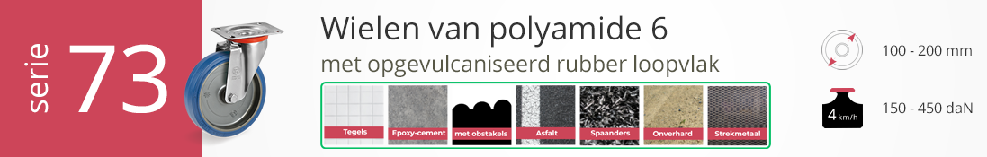 Serie 73 polyamide 6 wielen met opgevulkaniseerd rubber loopvlak, geschikt voor diverse ondergronden, wielmaat 100–200 mm, tot 450 daN