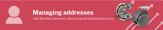 Banner with text ‘Manage addresses’ and two transport wheels on red background