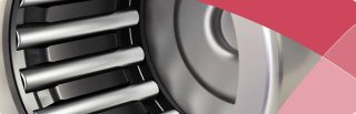 Close-up of needle roller bearing with cylindrical rollers in metal housing, red design accent
