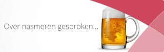 Bierpul met tekst “Over nasmeren gesproken...” op witte achtergrond met rood designaccent
